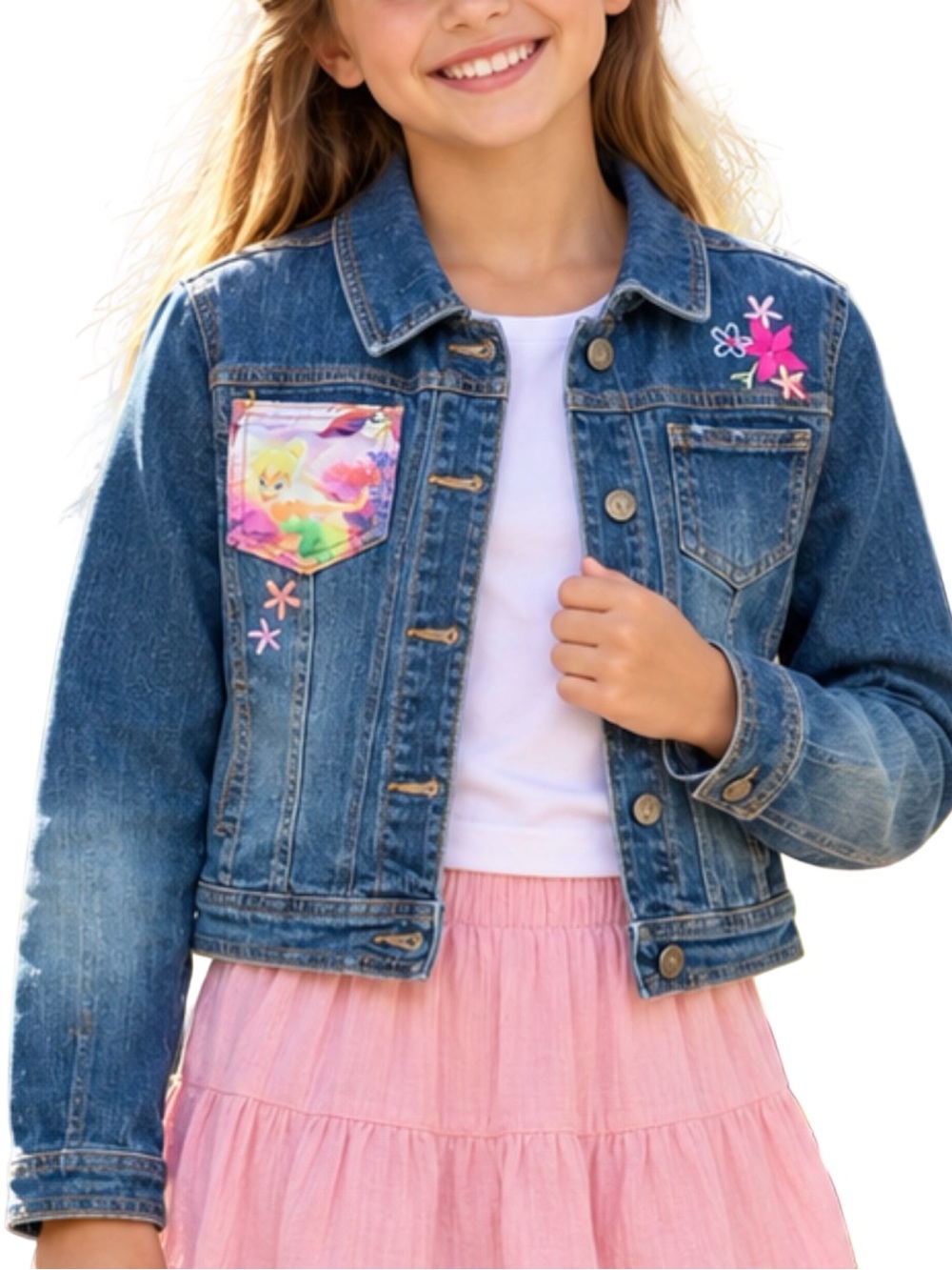 Disney Tinker Bell Denim Jacket Girls L 10/12 Floral Embroidery